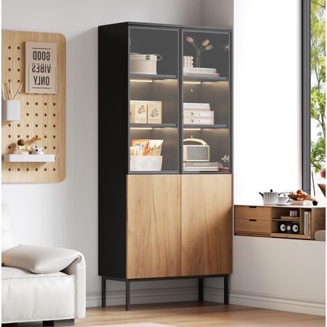 Vetrina in vetro 74 x 31 x 180 cm con LED, 4 porte, nero e rovere DESVIAE (1/5)