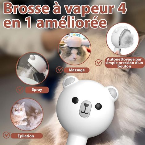 Brosse à vapeur pour chat et chien 4 en 1, brosse de toilettage autonettoyante avec spray hydratant, élimine les poils morts et les nœuds