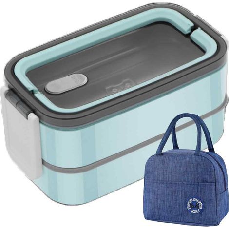 boîte à lunch isotherme,304Boîte à lunch portable en acier inoxydable bleu à 2 compartiments + sac à lunch (1/5)