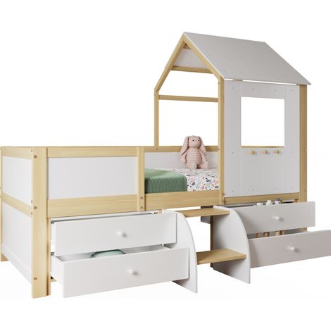 Lit cabane enfant semi-haut avec toit et fenêtre, 4 tiroirs, petite échelle, sommier bois, blanc et bois naturel, pour matelas 90x200 cm – CHICFURN (1/5)