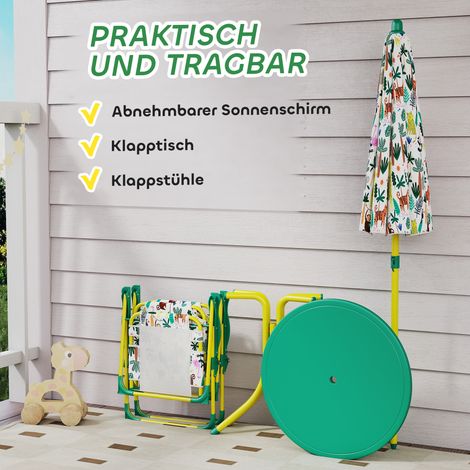 Lot de 4 meubles pour enfants, ensemble table et 2 chaises pliantes, avec parasol amovible, vert (1/4)