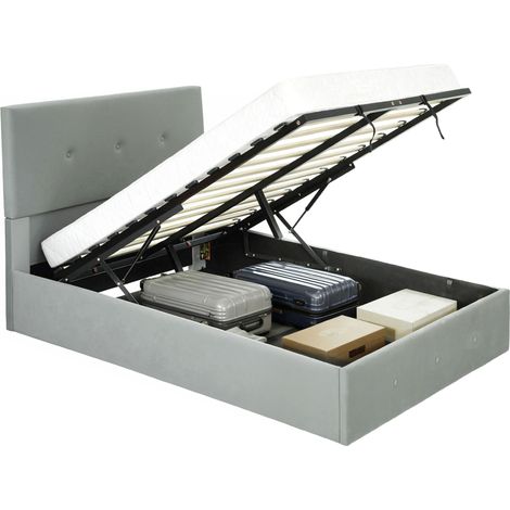 Letto Contenitore con Spazio a Scomparsa e Testiera Vellutata a Trapunta, in Legno e Metallo, 195x141x106 cm, Grigio (1/5)