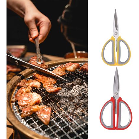 Professionelle Küchenschere, 2er-Pack mit Edelstahlklingen und Wellenschliff – zum Schneiden von Geflügel und Fleisch – Rot und Gelb – Abmessungen: 19,3 x 10,8 cm und 17,3 x 8,8 cm (1/5)