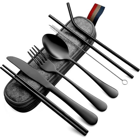 Ensemble de Couverts de Table pour le Voyage et le Camping - 8 Pièces en Acier Inoxydable avec Couteau, Fourchette, Cuillère, Baguettes, Paille et Étui – Couverts Inox Portables (1/5)