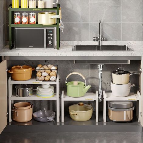 Plan de travail de cuisine étagère blanche plastique double couches télescopique organiseur pour éviers poêle (1/5)