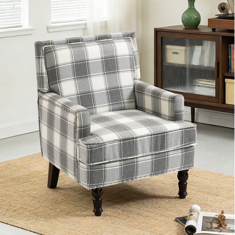 REDOM Butaca de acento, diseño de rayas, acolchado de espuma de alta densidad, madera maciza, algodón lino, blanco y gris (1/5)