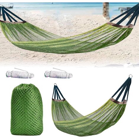 Amaca da campeggio in corda – rete in nylon con corda di fissaggio e sacca per il trasporto – 260 x 130 cm – Verde – Portatile e pieghevole in modo compatto (1/5)