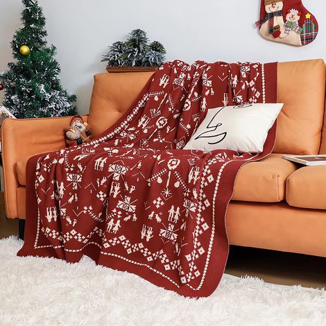 Couverture De Noël - 170 x 130 cm - Tricotée En Coton - Motifs Rouges Et Blancs - Pour Canapé Salon Chambre - 1 Pièce (1/5)