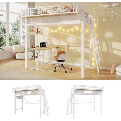 Cama alta 90x200 cm de metal blanco con almacenaje, ahorro de espacio, sin colchón - MEUBLIV (1/5)