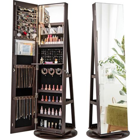 COSTWAY Armadietto Portagioie Girevole a 360°, Specchio Portagioie con Luci LED a 3 Colori, Organizatore da Terra per Gioielli, Con 3 Ripiani e Serratura, 161 x 54,5 x 54,5cm (Marrone Scuro) (1/5)