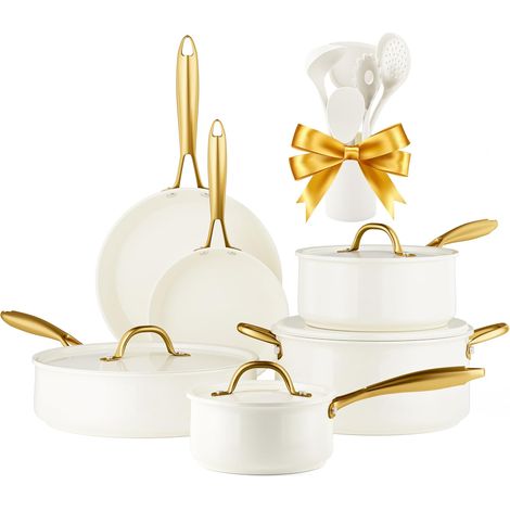 Induction Set of Pots and Pans with Lids, Ceramic Non-Stick Cookware, Cooking Essentials Set Frying Pan Saute Pan Sauce Pan Spatulas (1/5)