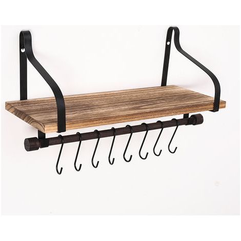 Estantes de cocina de pared, organizador de cocina rústico de madera con riel de madera y 8 ganchos extraíbles para organizar los utensilios de cocina. (1/5)