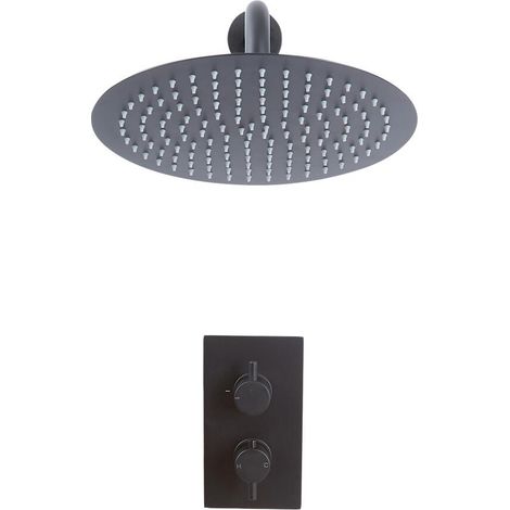 Milano Nero - Modern 1 Outlet Twin Thermostatic Mixer Shower Valve with Wall Mounted 300mm Round Rainfall Shower Head - Black (1/5)