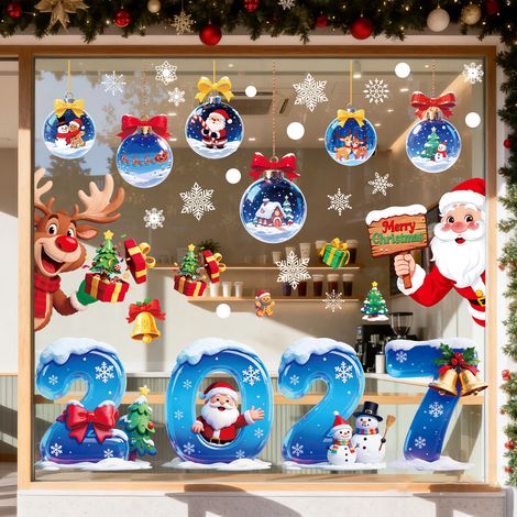 Autocollants de Noël 2027 pour vitrines de centres commerciaux, décorations de vitrines, autocollants antistatiques, autocollants de porte de Noël, stickers pour fenêtres