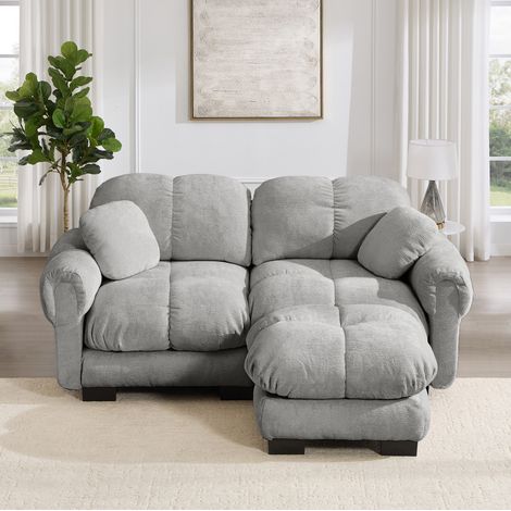 Divano angolare modulare a L 190x149x90 cm, seduta con cuciture trapuntate, cuscino mobile, tessuto chenille, grigio chiaro (1/5)