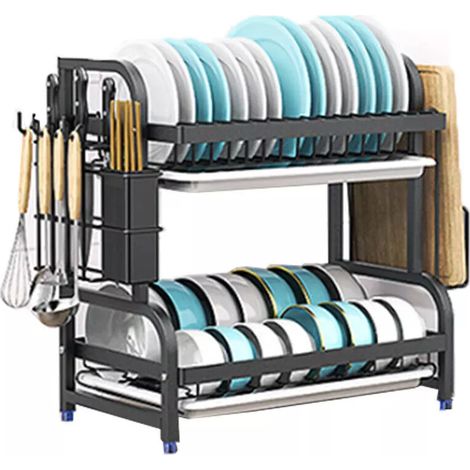 Yoleo – Égouttoir à vaisselle 2 niveaux – Métal noir antirouille – Support pour planche à découper et porte-couteau – Dimensions 54x23x42cm