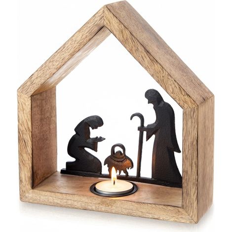 Tealight Candle Holder, Mango Wood Nativity Scene (1/5)