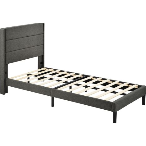 Cama capitoné 90 x 200 cm con somier de láminas y cabecero, tela de lino gris, HOMVRA (1/5)