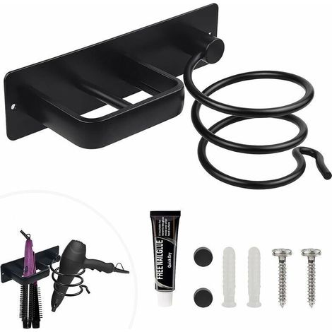 Wall-Mounted Hair Dryer Holder, Hair Dryer Stand, Straightener Holder with Cable Organizer for Storing Hair Dryers and Straighteners, Drilling and Adhesive Mounting, Two Installation Methods, Black (1/4)