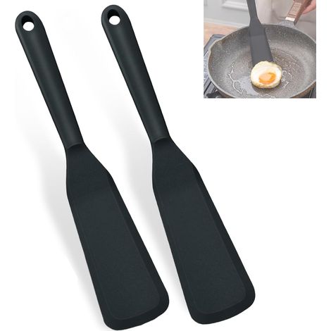 2 Pièces 25.4cm Spatule à Crêpes Résistante à Chaleur Tourneur en Silicone Spatule de Cuisson Antiadhésive, Lavable au Lave Vaisselle, pour Pâtisserie, Cuisine, Omelette, Noir (1/5)