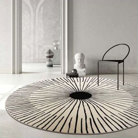 Tapis rond 100 cm en microfibre super douce – Motif géométrique noir et blanc – Tapis décoratif pour salon et chambre d'enfant (1/5)