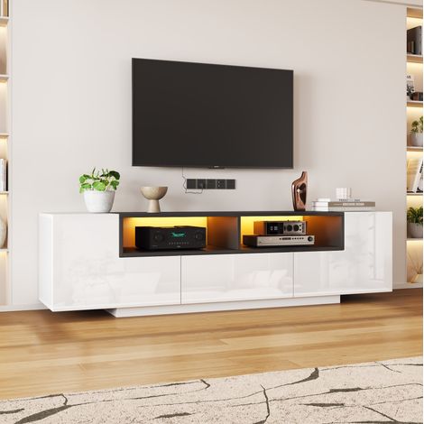 Meuble TV 180x40x48 cm en bois blanc, avec rangement et LED pour salon FloraGrace (1/5)
