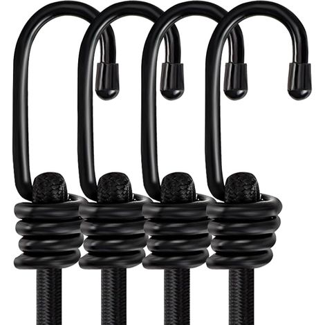 4 Piece Elastic Bungee Cord with Hooks, 60 cm/23.6 Inch, Heavy Duty Elastic Bungee Strap, Elastic Strap for Securing Luggage, Motorcycles, Camping Tents (Black) (1/5)