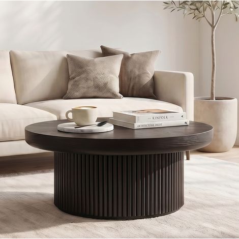 Table basse ronde 78x78x38,5 cm noire – plateau épais motif parquet, en bois et MDF MEUBLIV (1/5)