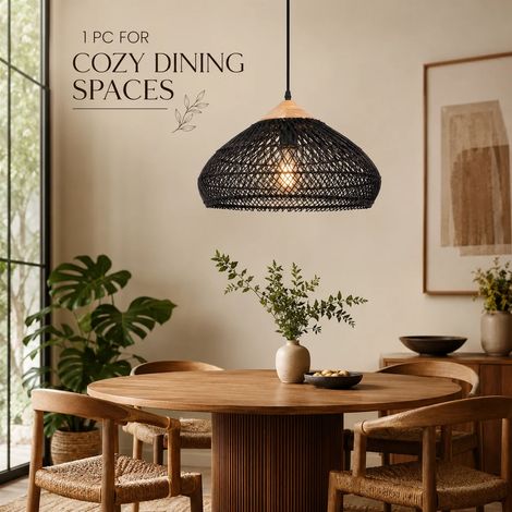 JOYINLED Schwarze Hängeleuchte im Boho-Stil aus geflochtenem Rattan (40 cm) – Höhenverstellbares 150-cm-Kabel, E26/E27-Deckenleuchte für Kücheninsel, Esszimmer oder Schlafzimmer (1/5)
