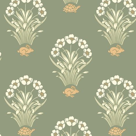Belgravia Tortoise Hare Sage Green Wallpaper Floral Animal Print Feature Wall (1/4)