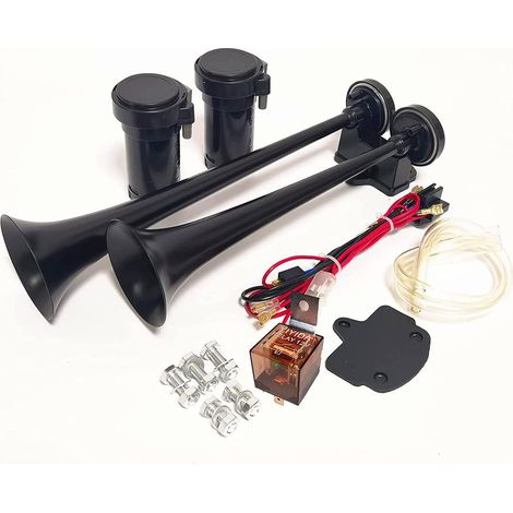 Klaxon de voiture Car Horn Klaxon pneumatique Klaxon de navire 12V à tonalité élevée et à tonalité grave Klaxon de camion noir 170DB Klaxon avec pompe à air pour 12V camion moto bateau etc (1/5)