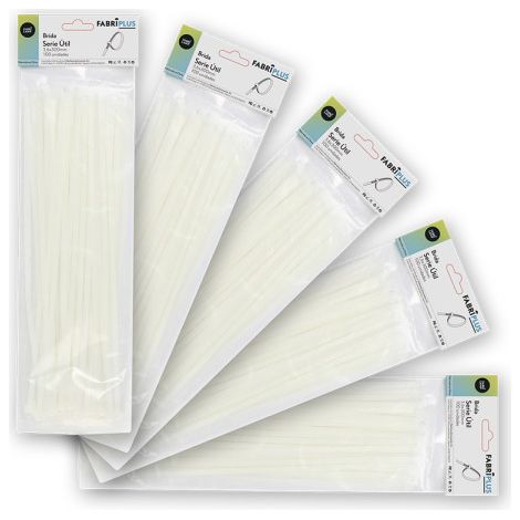 Sacchetto da 100 fascette bianche 3,6x300 mm. 100% nylon 66 resistente e durevole.