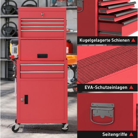 Armoire à outils mobile en acier rouge avec 6 tiroirs, 2 armoires et système de fermeture sécurisé (1/5)
