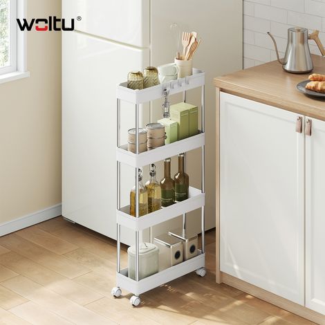 WOLTU 4 Ebenen Rollwagen, Küchenwagen mit 360° Rollen, Aufbewahrungswagen Servierwagen  aus Kunststoff für Küche, Bad und Wohnzimmer, 41,5 x 86 x 13,5 cm, Weiß