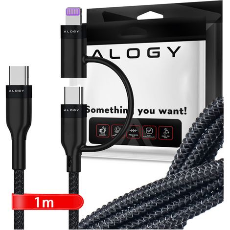 Câble Alogy 2-en-1 USB-C vers Lightning Power Delivery pour Apple iPhone PD 60 W, adaptateur de 100 cm (1 m), noir (1/5)