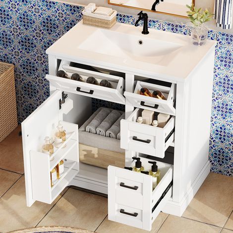 Ensembles meuble de salle de bains, meuble-lavabo sur pied 76x47x82 avec vasque, cmsurface laquée, tiroir coulissant, blanc (1/5)
