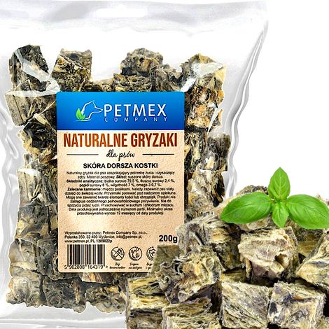 Delikatesse, natürlicher Kausnack für Hunde: Getrocknete Kabeljauhautwürfel von Petmex, 200 g