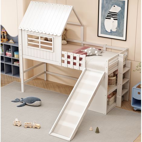 Lit mezzanine enfant 90x200 cm en bois et MDF blanc avec toboggan, sans matelas - CHICFURN (1/5)