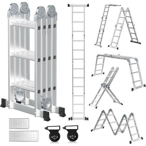 Randaco Escalera multifuncional 7 en 1 de aluminio, 4x3 peldaños, aprox. 360 cm / 3,6 m, plegable, 2 plataformas + 2 ruedas, carga máxima 150 kg (1/5)