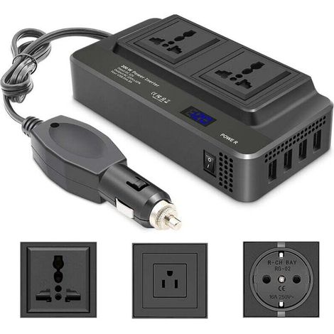 12V to 110V/220V Converter - 4 USB Ports and 2 Sockets - Car Charger for Phone, Computer (Temp. -20°C to 60°C) (1/4)