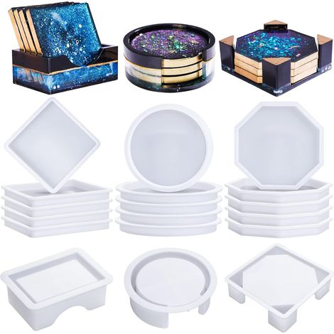 15 PièCes moule silicone resine epoxy, dessous de verre en silicone Moule pour BoîTe De Rangement avec Dessous, 3 formes (ronde, carrée et octogonale) peuvent être utilisées pour les tables à manger (1/5)