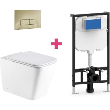 Ensemble WC suspendu PISA en céramique avec réservoir et bouton de chasse d'eau Doré rectangulaire