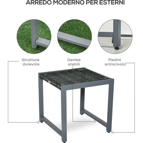 Table basse ronde en rotin et verre trempé pour jardin, 60 cm, piètement métal noir, idéale salon extérieur. (1/5)