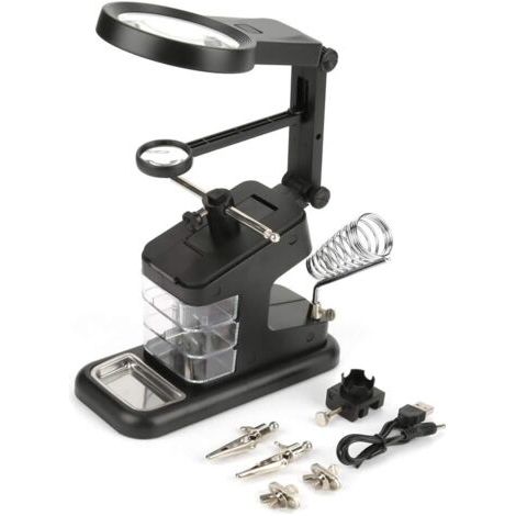 Fer à souder électrique USB - Station de travail avec 3 x / 4,5 x / 25 x - Avec loupe LED et support de fer à souder - Pour la réparation des loisirs et l'artisanat (noir) (1/5)
