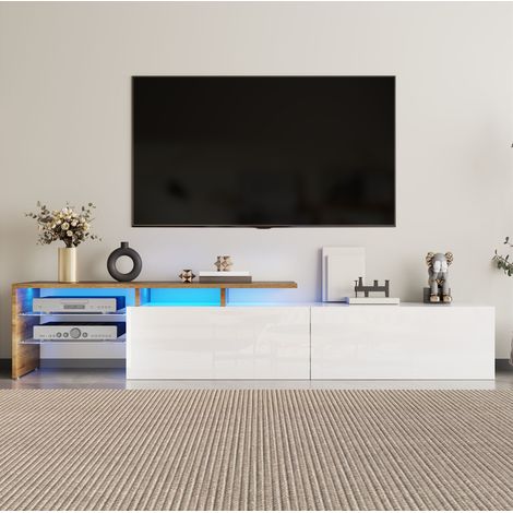 Mobile TV 170x33x33,5 cm bianco e naturale in truciolare - ripiani in vetro con LED (1/5)