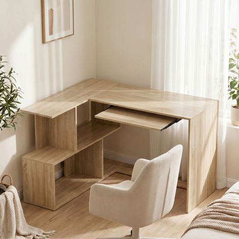 Bureau d'Angle, 120 x 100 x 76 cm, Bureau Informatique en L avec Plateau de Clavier, 4 Compartiments Ouverts, Naturel (1/5)