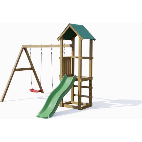 Funni Aire de Jeux Enfant Extérieure – Bois Traité – Toboggan 1,7 m – Balançoire Double – Jusqu’à 5 Enfants – EN 71 (1/5)