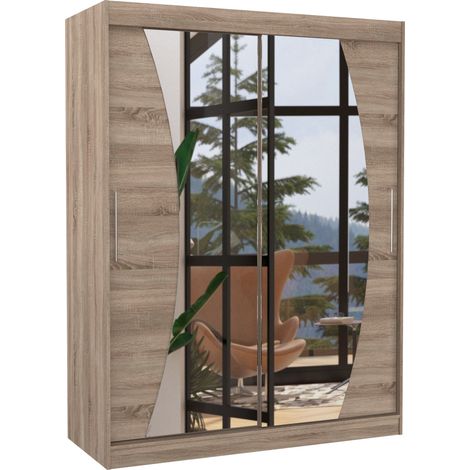 Armoire de chambre bois truffe 2 portes coulissantes avec miroir Modela 150cm (1/5)