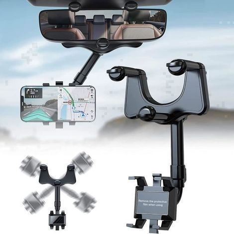 Car Phone Holder for Rearview Mirror with Adjustable Retractable 360 Rotating Navigation Mount for All (1/4)