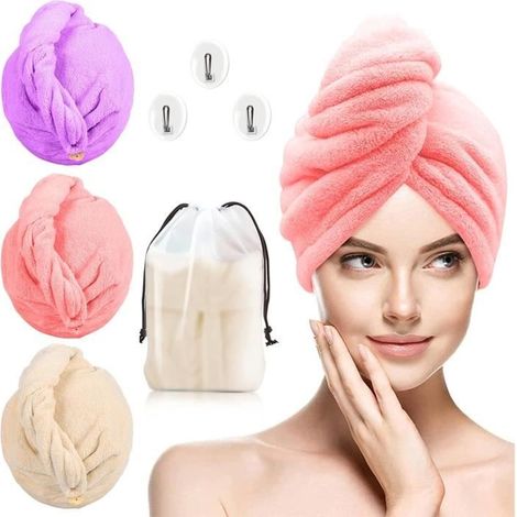 Asciugamano per capelli - ZGEER - 3 pezzi - Microfibra - Design con bottoni - Rosa, Marrone, Grigio (1/5)